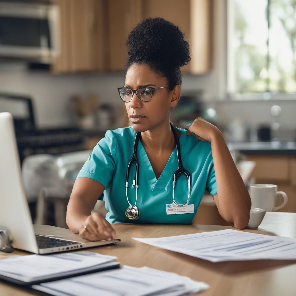 nurse reviewing finances on laptop